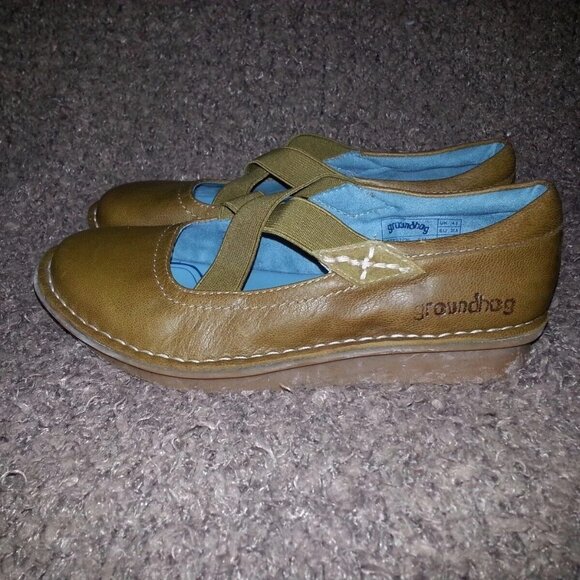 GROUNDHOG-Olive Leather Mary Janes Stretch Slip On Shoes-SZ 6.5-Near Mint - Picture 2 of 7
